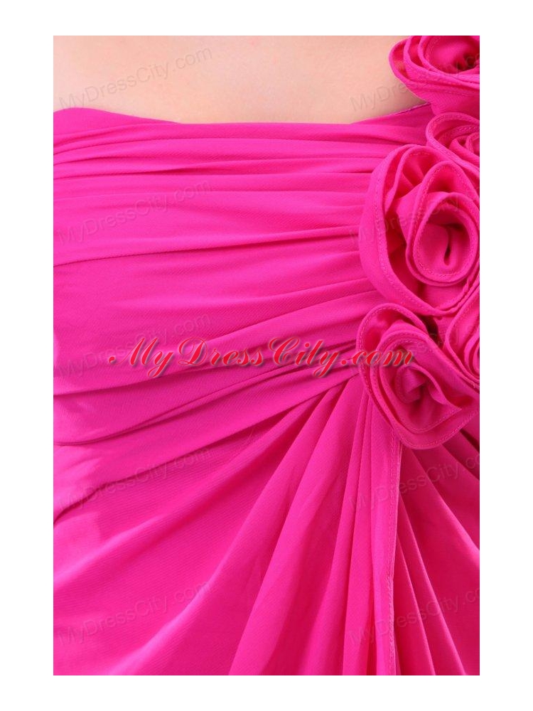 Hot Pink Hand Made Flowers and Ruching One Shoulder Prom Dress