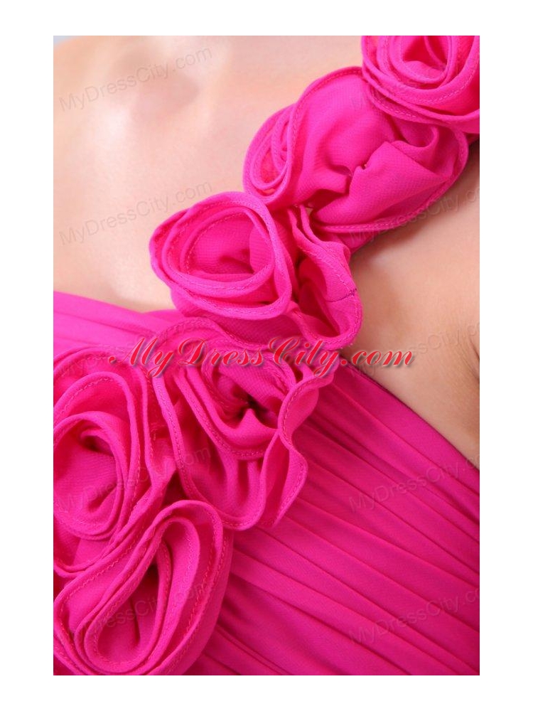 Hot Pink Hand Made Flowers and Ruching One Shoulder Prom Dress