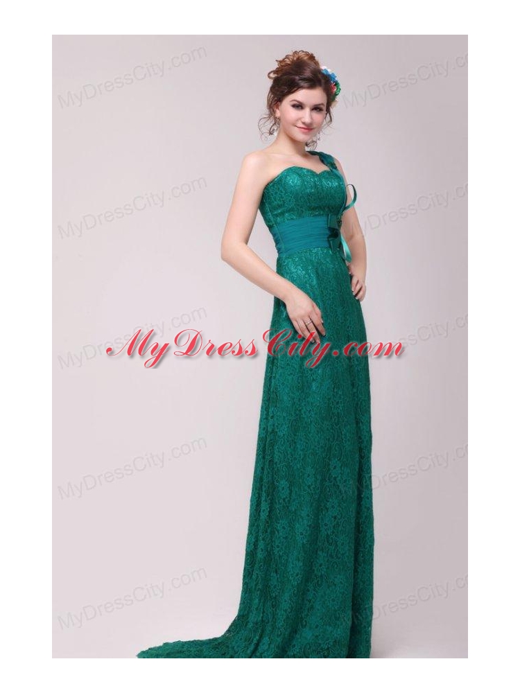 Informal Column One Shoulder Floor-length Lace Green Prom Dresses