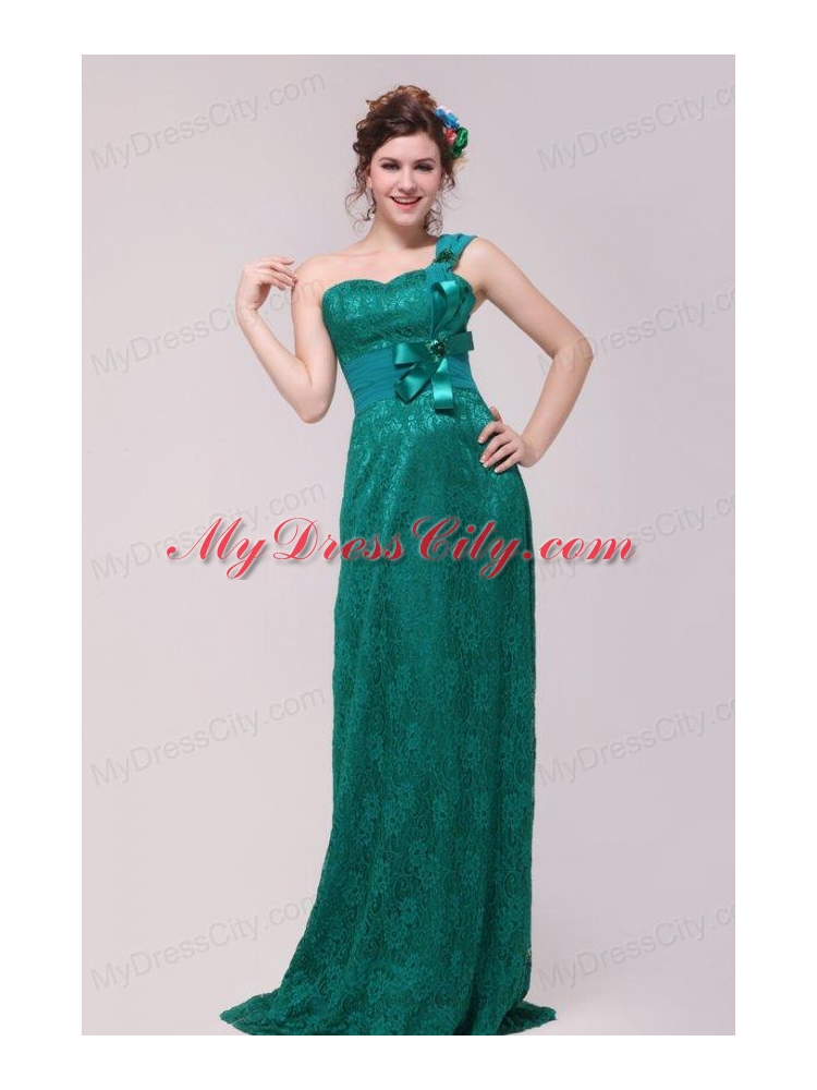 Informal Column One Shoulder Floor-length Lace Green Prom Dresses