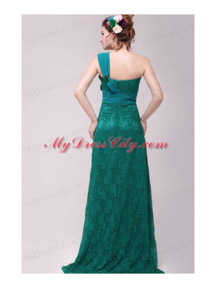 Informal Column One Shoulder Floor-length Lace Green Prom Dresses