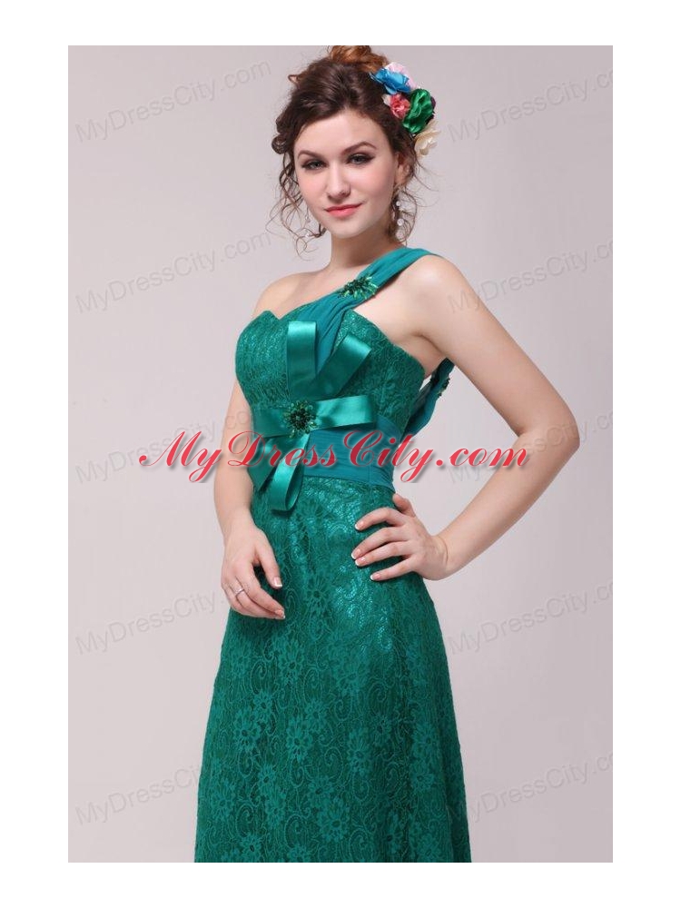 Informal Column One Shoulder Floor-length Lace Green Prom Dresses