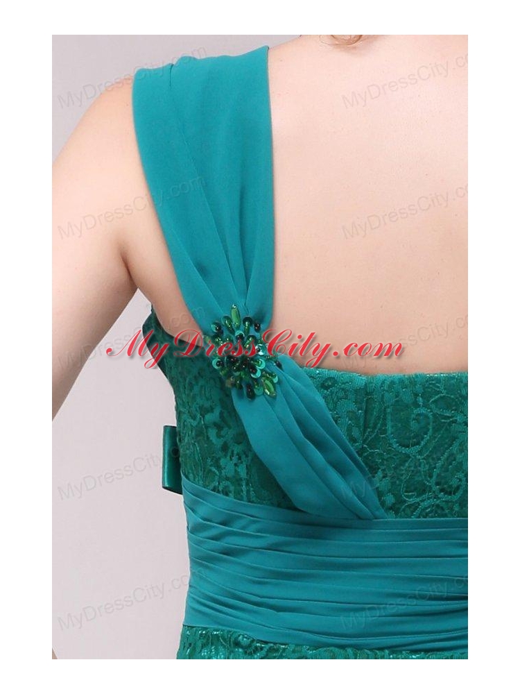 Informal Column One Shoulder Floor-length Lace Green Prom Dresses