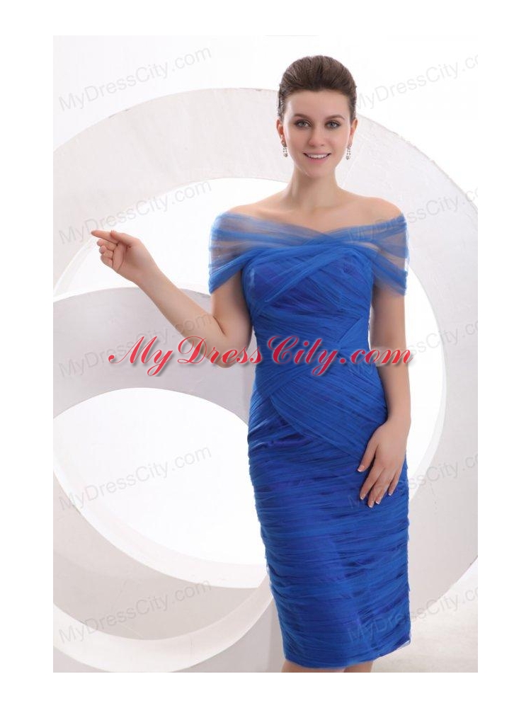 Knee-length Column Off The Shoulder Prom Dress in Blue