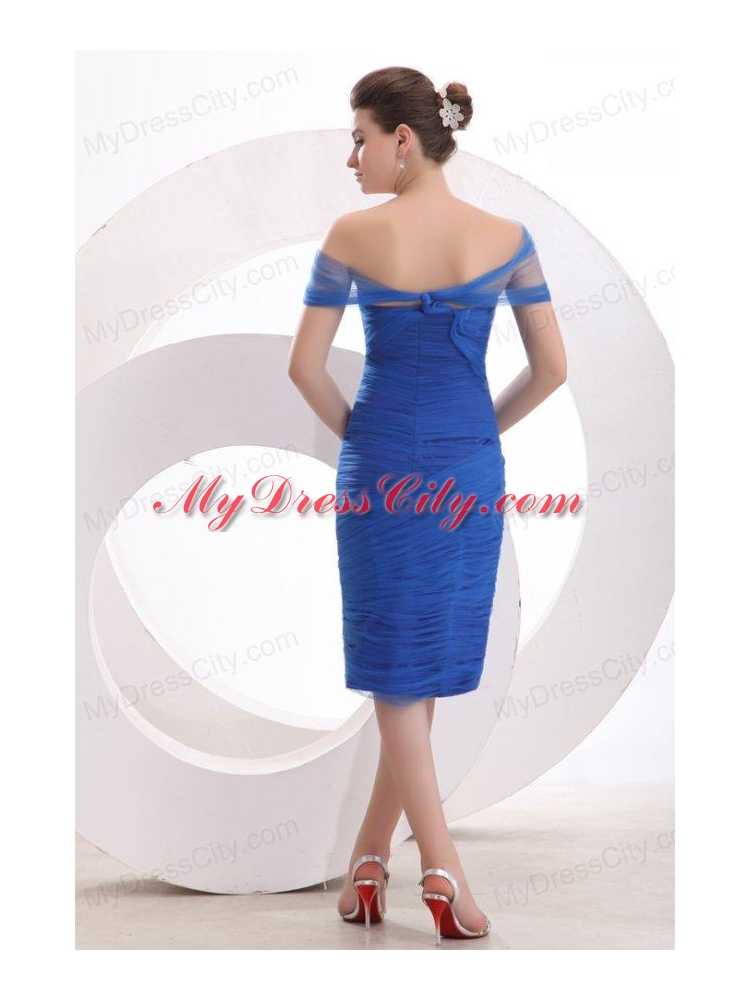 Knee-length Column Off The Shoulder Prom Dress in Blue