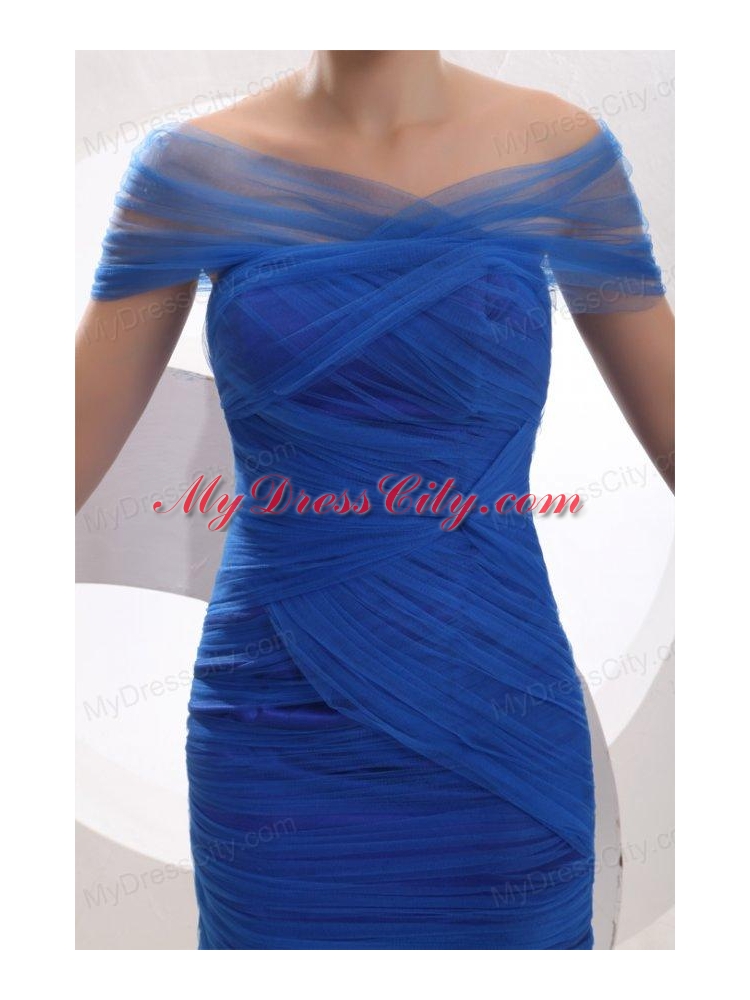 Knee-length Column Off The Shoulder Prom Dress in Blue