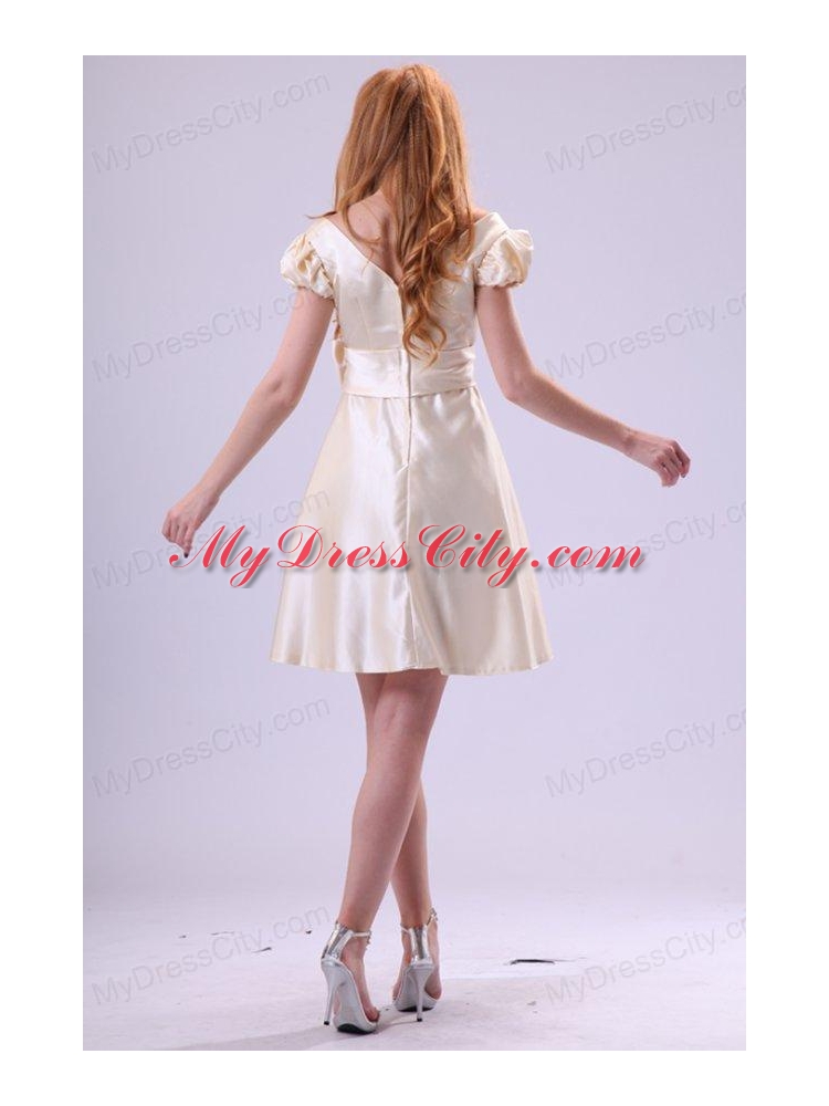 Light Yellow V-neck Cap Sleeves Bow Ruching Prom Dress