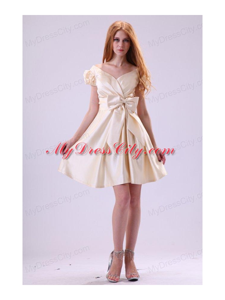 Light Yellow V-neck Cap Sleeves Bow Ruching Prom Dress