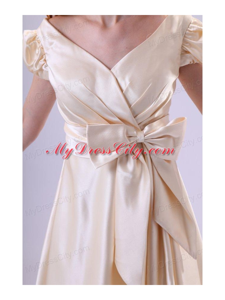 Light Yellow V-neck Cap Sleeves Bow Ruching Prom Dress