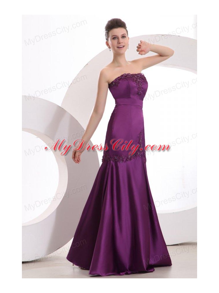 Mermaid Strapless Purple Floor-length Satin Prom Dress with Appliques