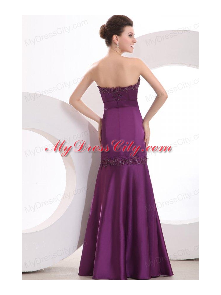 Mermaid Strapless Purple Floor-length Satin Prom Dress with Appliques