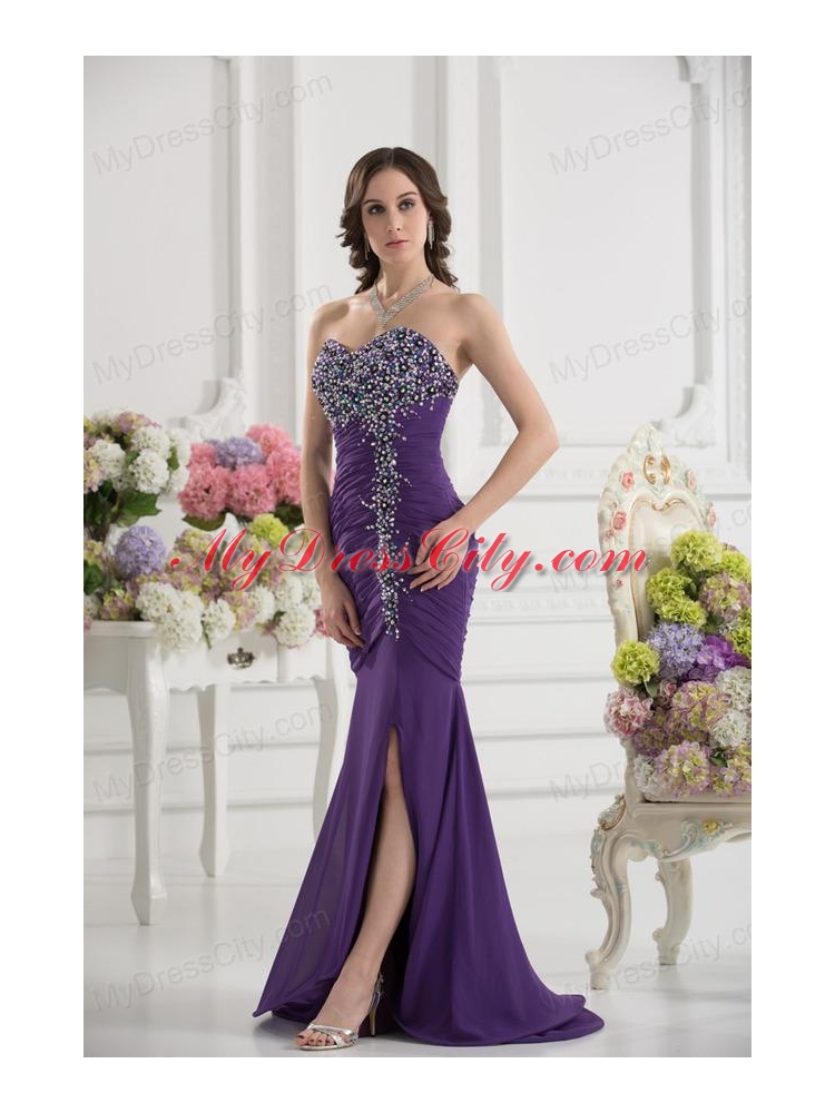 Mermaid Sweetheart Chiffon Beading Ruching Purple Prom Dress