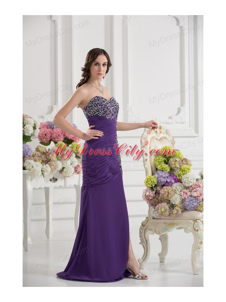 Mermaid Sweetheart Chiffon Beading Ruching Purple Prom Dress