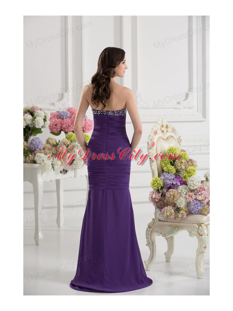 Mermaid Sweetheart Chiffon Beading Ruching Purple Prom Dress