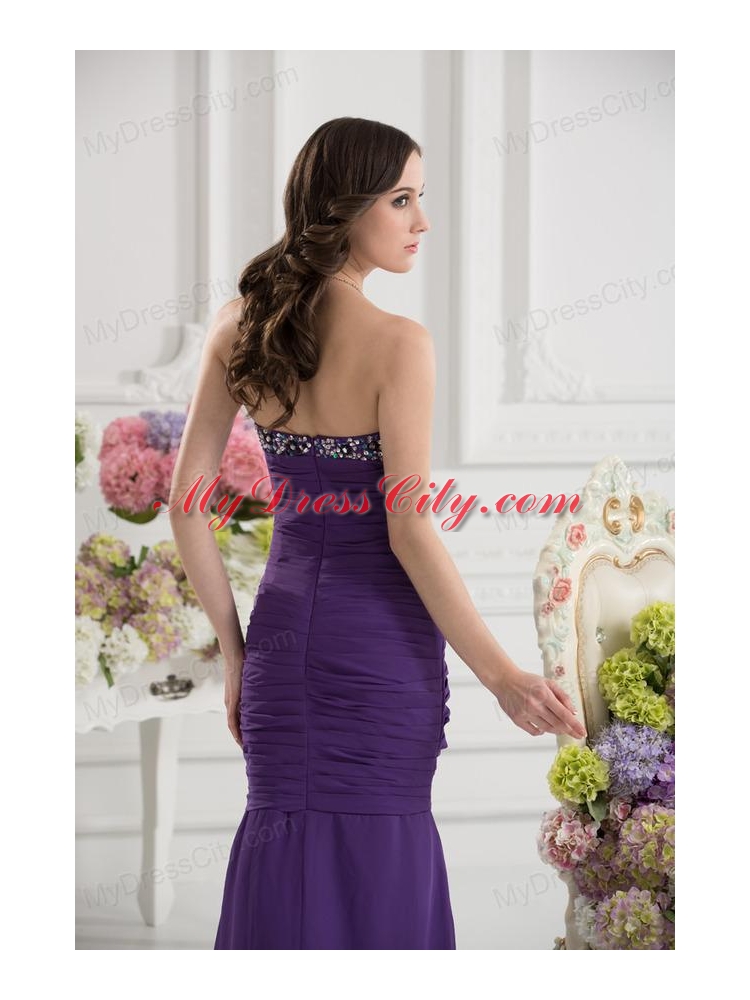 Mermaid Sweetheart Chiffon Beading Ruching Purple Prom Dress