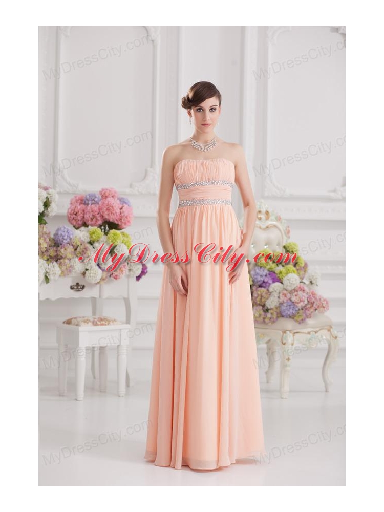 Peach Empire Strapless Prom Dress with Ruching and Beading