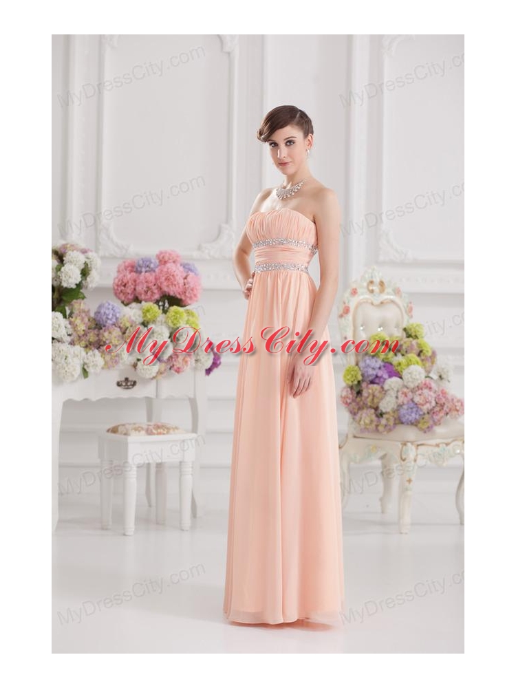 Peach Empire Strapless Prom Dress with Ruching and Beading