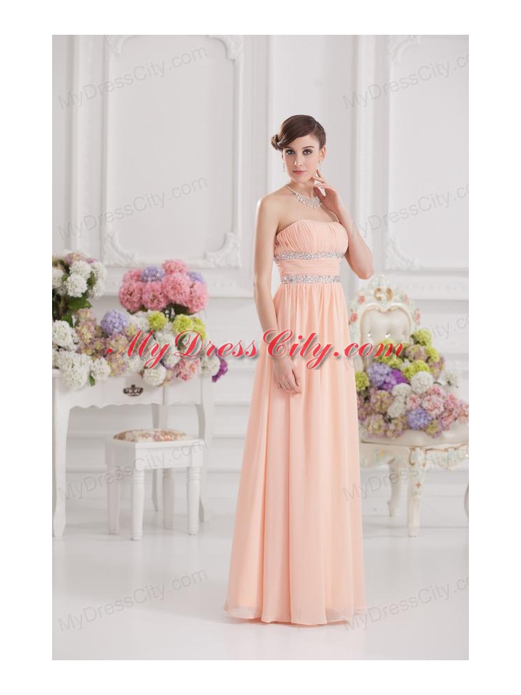 Peach Empire Strapless Prom Dress with Ruching and Beading