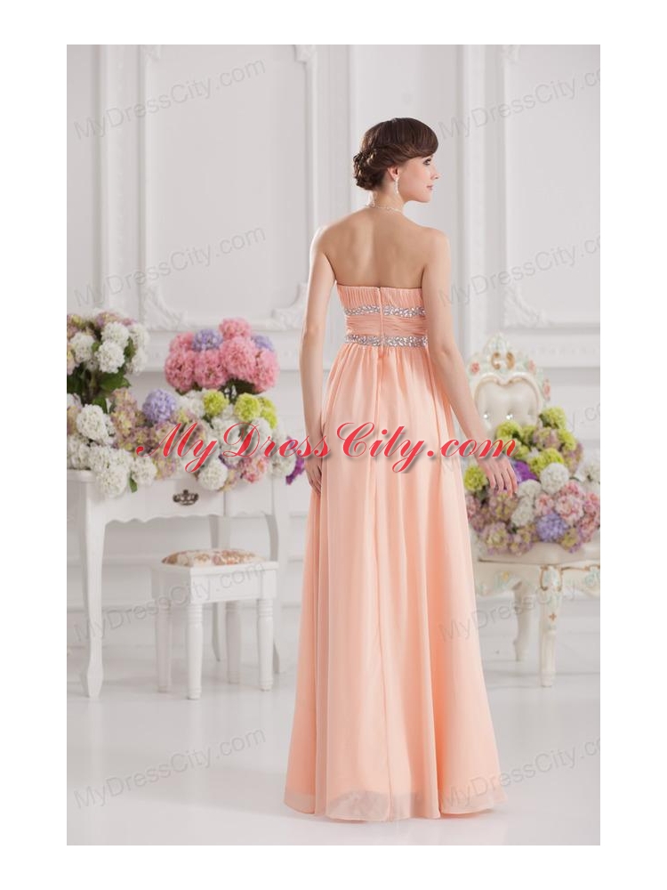 Peach Empire Strapless Prom Dress with Ruching and Beading