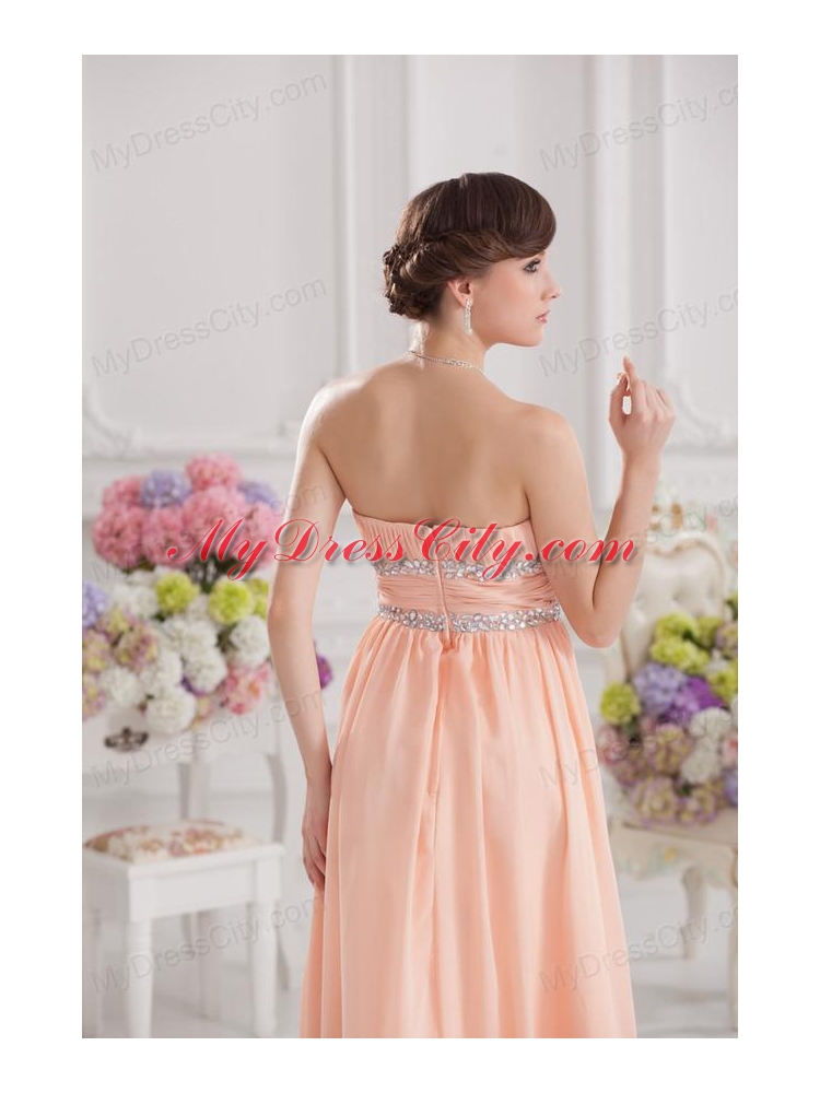 Peach Empire Strapless Prom Dress with Ruching and Beading