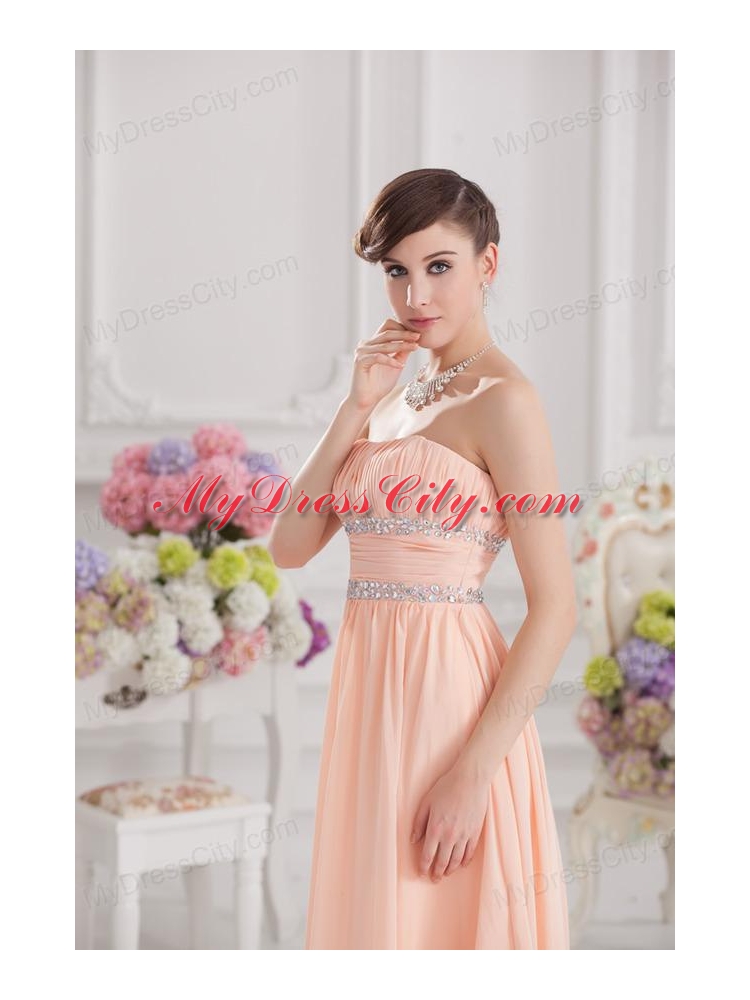 Peach Empire Strapless Prom Dress with Ruching and Beading