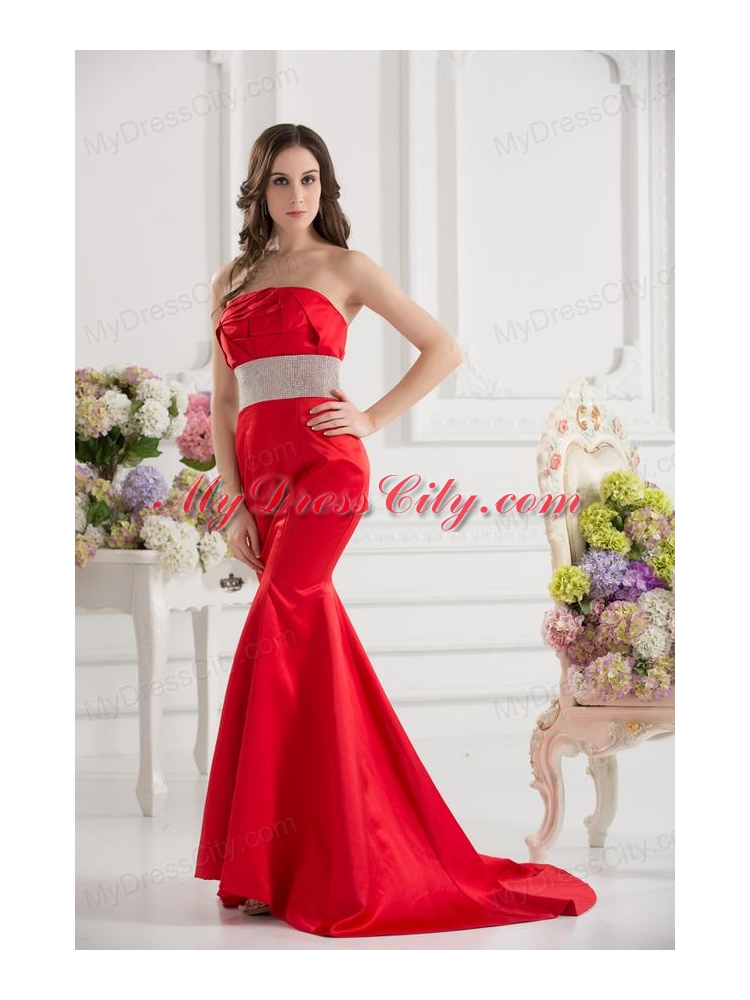 Red Mermaid Strapless Court Train Belt and Ruching Prom Dress