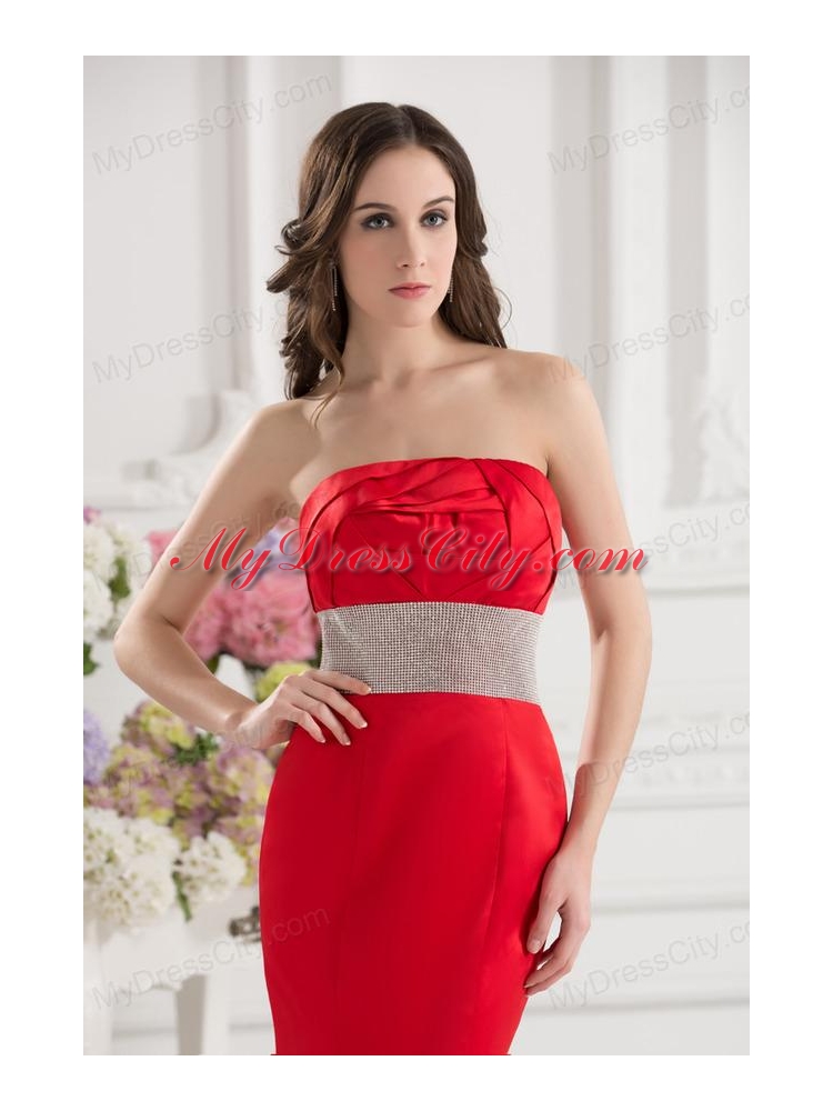 Red Mermaid Strapless Court Train Belt and Ruching Prom Dress