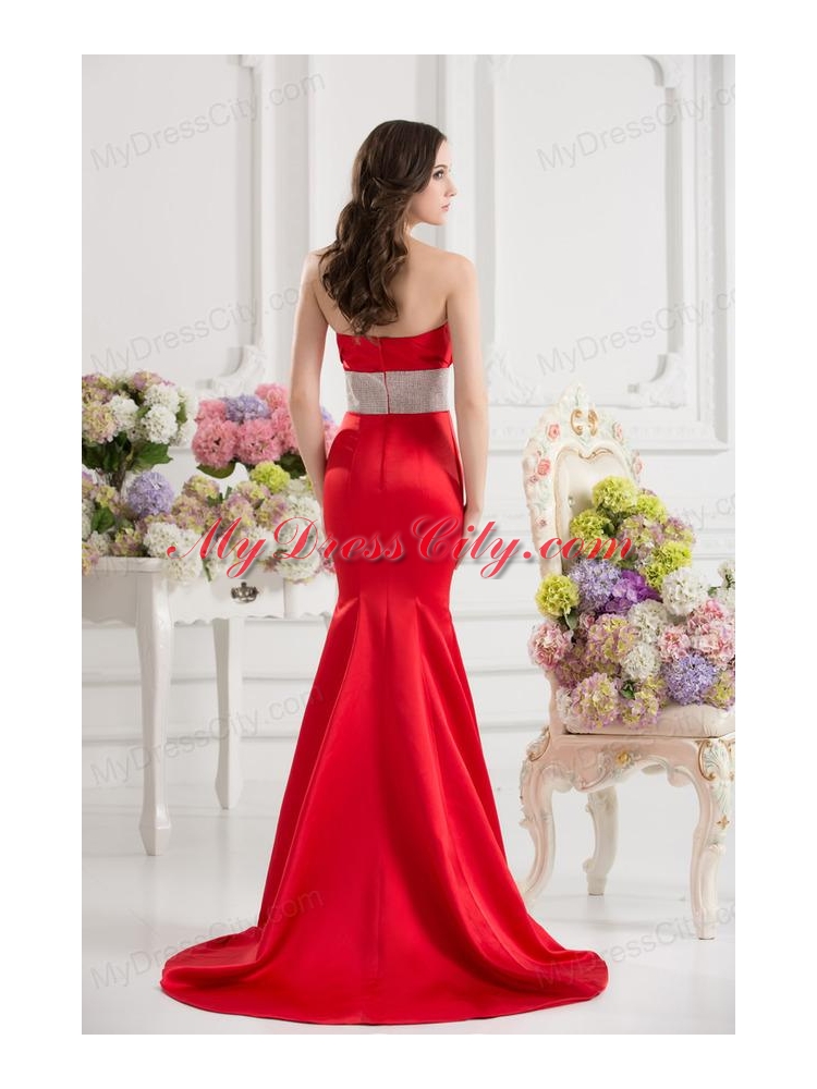 Red Mermaid Strapless Court Train Belt and Ruching Prom Dress