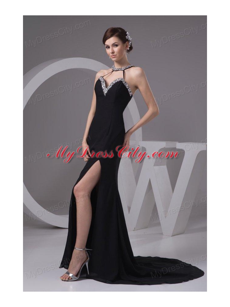 Sexy Empire Halter Beading Chiffon Prom Dress with Court Train