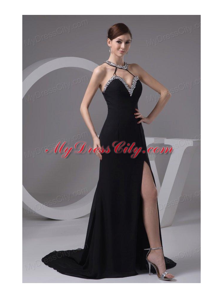 Sexy Empire Halter Beading Chiffon Prom Dress with Court Train