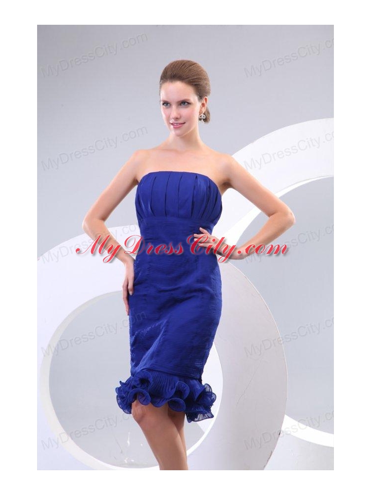 Sheath Royal Blue Strapless Ruching Organza Prom Dress