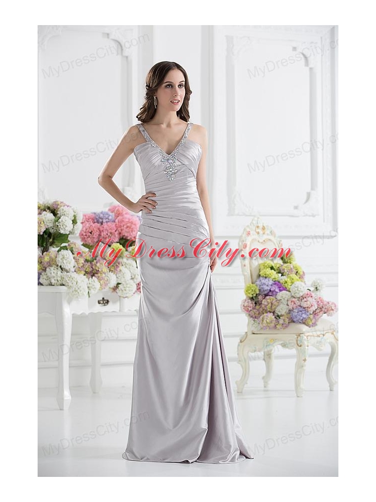 Silver Column V-neck Satin Prom Dress with Ruching and Beading