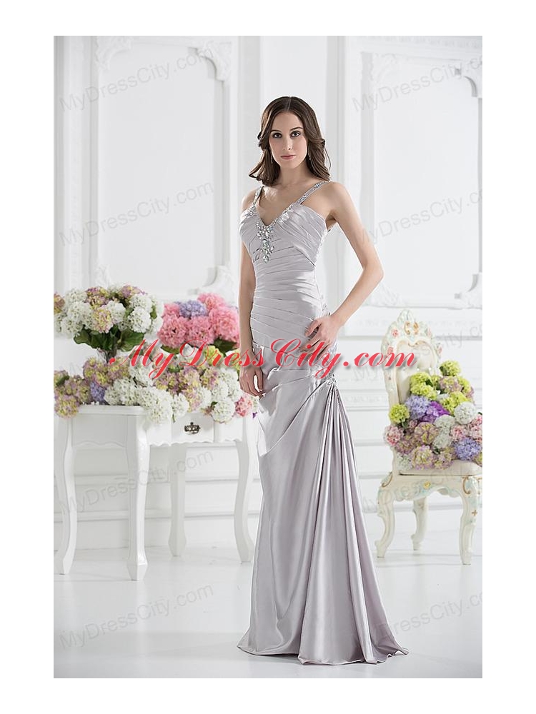 Silver Column V-neck Satin Prom Dress with Ruching and Beading