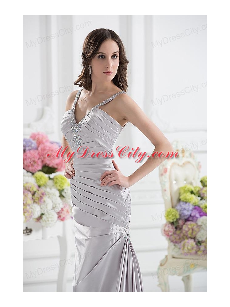 Silver Column V-neck Satin Prom Dress with Ruching and Beading