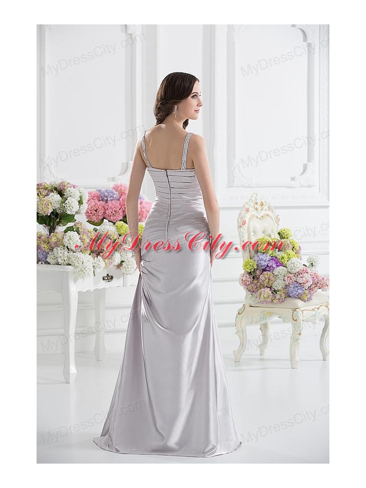 Silver Column V-neck Satin Prom Dress with Ruching and Beading