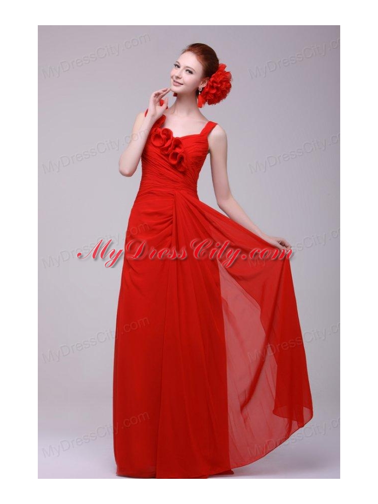 Simple Red Straps Empire Prom Dress with Flowers Chiffon