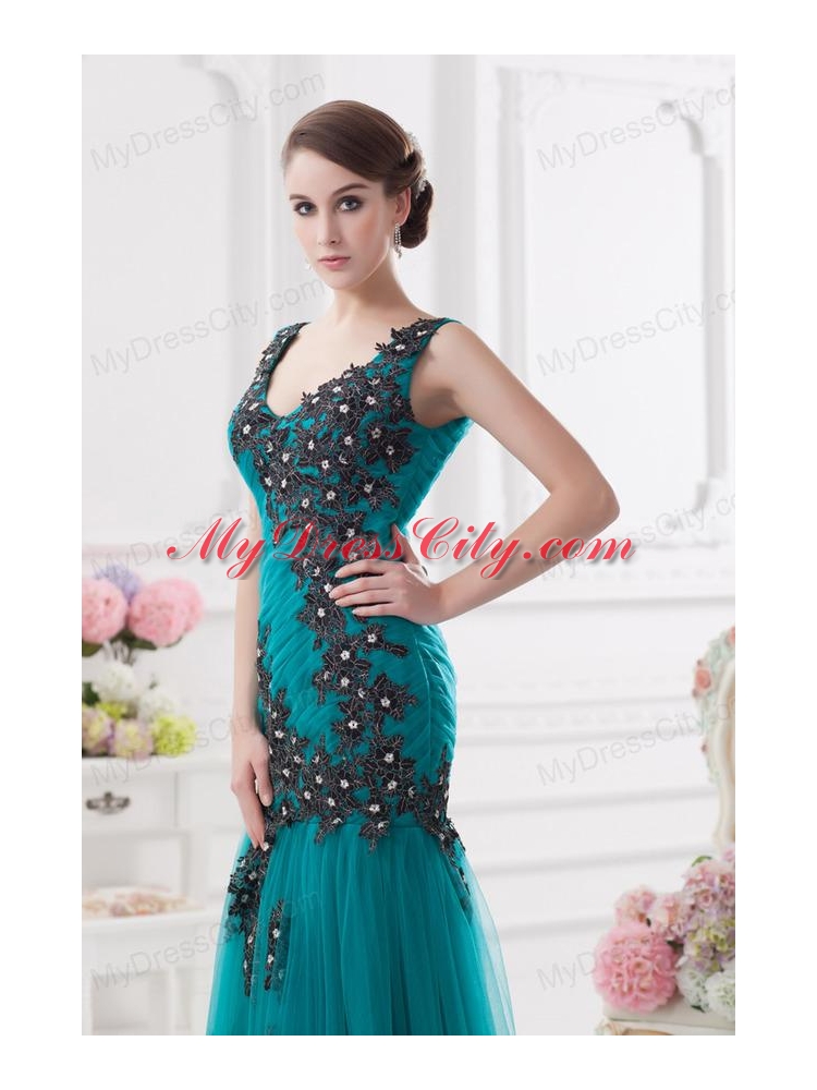 Turquoise Column Court Train Tulle Prom Dress with Ruching and Appliques