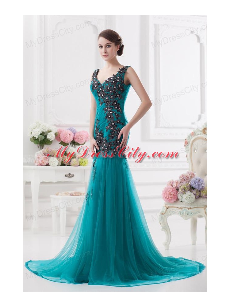 Turquoise Column Court Train Tulle Prom Dress with Ruching and Appliques