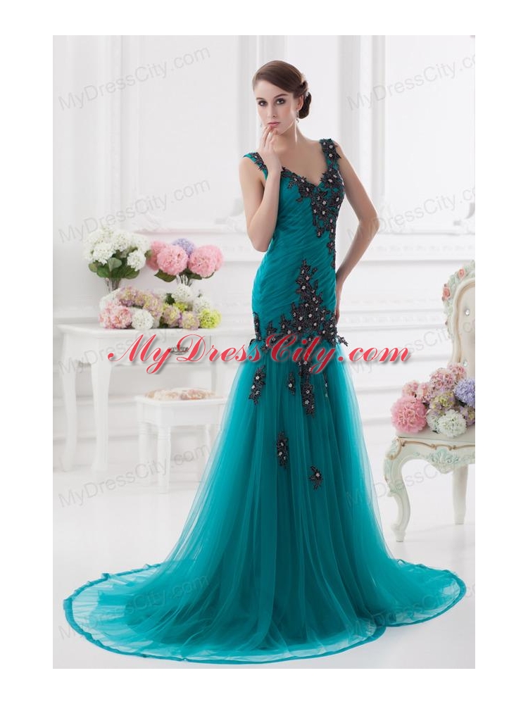 Turquoise Column Court Train Tulle Prom Dress with Ruching and Appliques