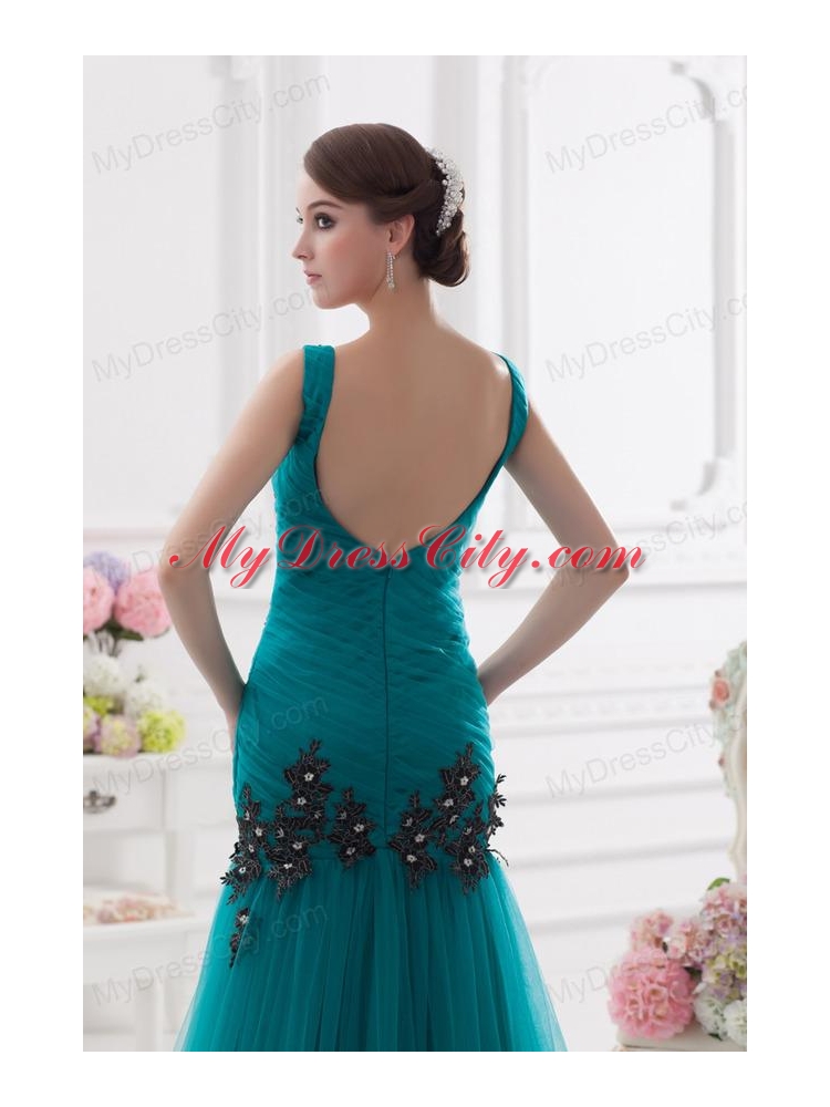 Turquoise Column Court Train Tulle Prom Dress with Ruching and Appliques