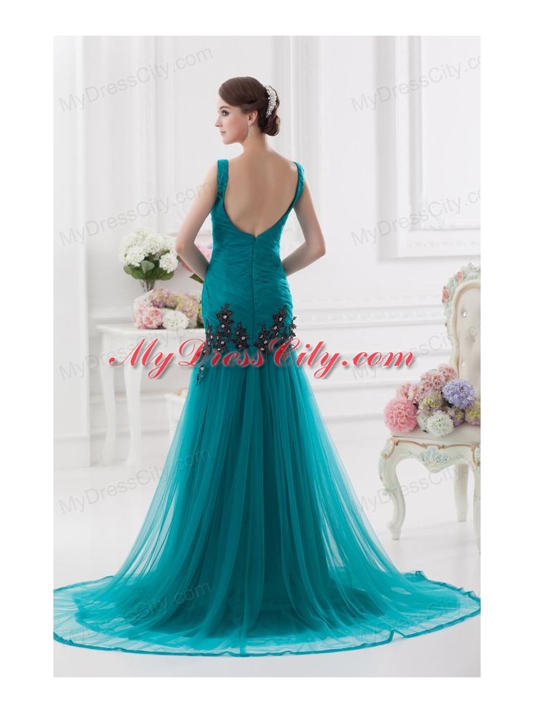 Turquoise Column Court Train Tulle Prom Dress with Ruching and Appliques