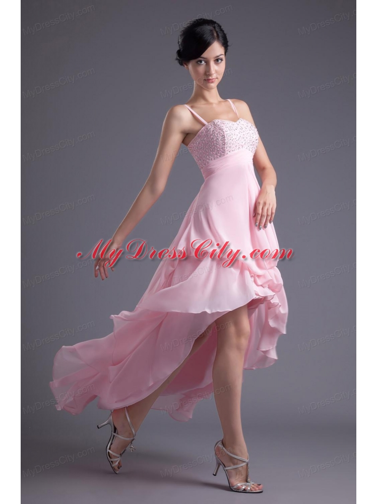 A-line Baby Pink Sweetheart Beading Chiffon High-low Prom Dress