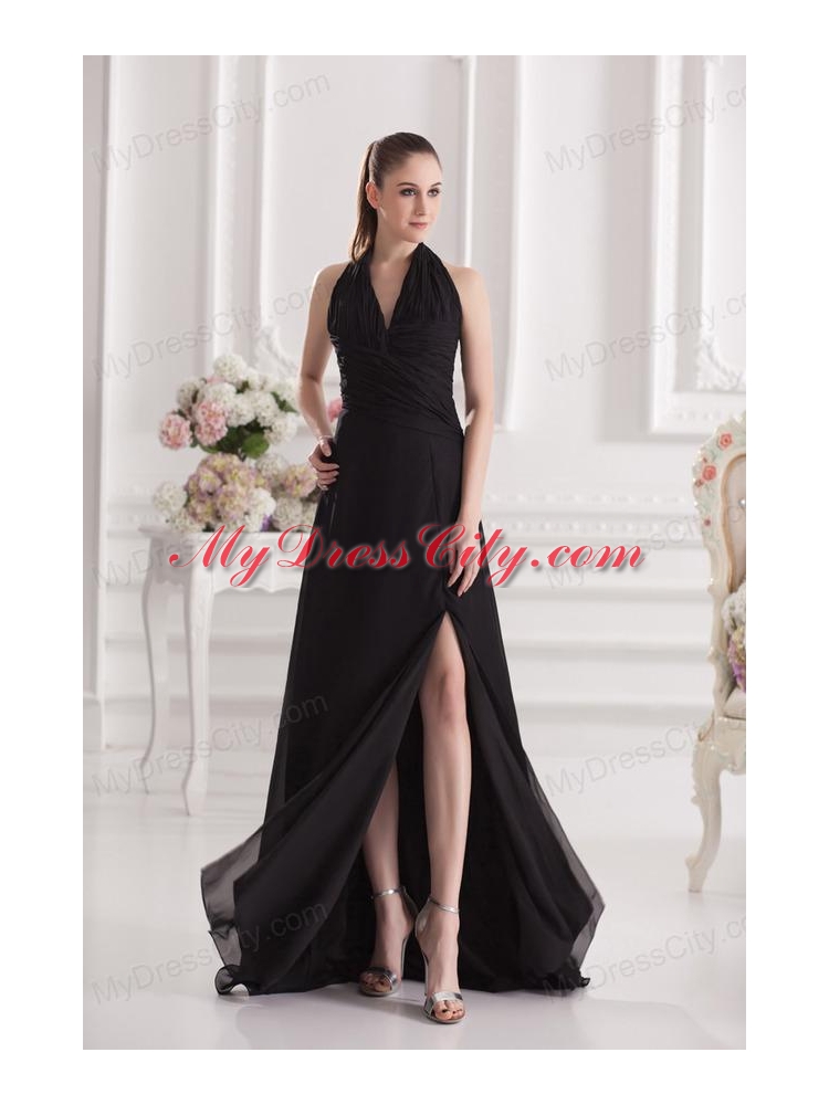 A-line Halter Top Floor-length Chiffon Black High Slit Prom Dress