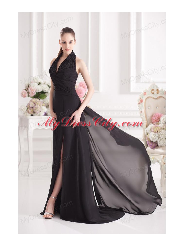 A-line Halter Top Floor-length Chiffon Black High Slit Prom Dress