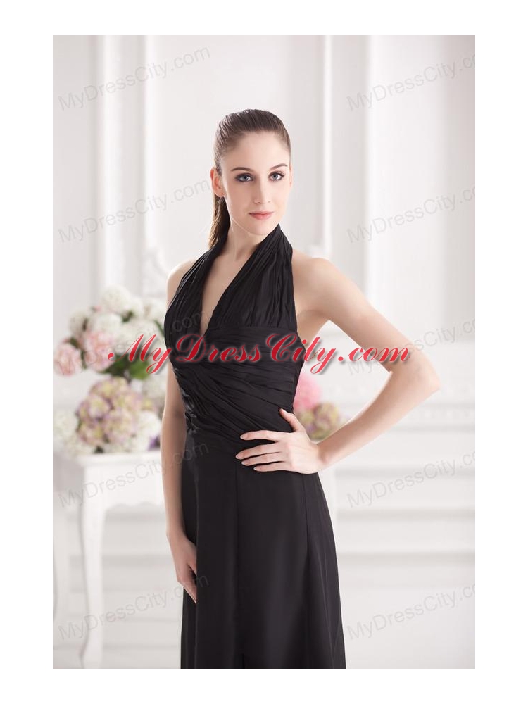 A-line Halter Top Floor-length Chiffon Black High Slit Prom Dress