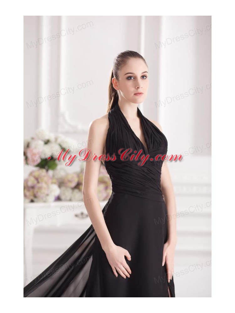 A-line Halter Top Floor-length Chiffon Black High Slit Prom Dress