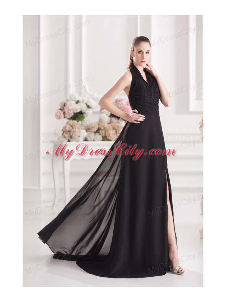 A-line Halter Top Floor-length Chiffon Black High Slit Prom Dress