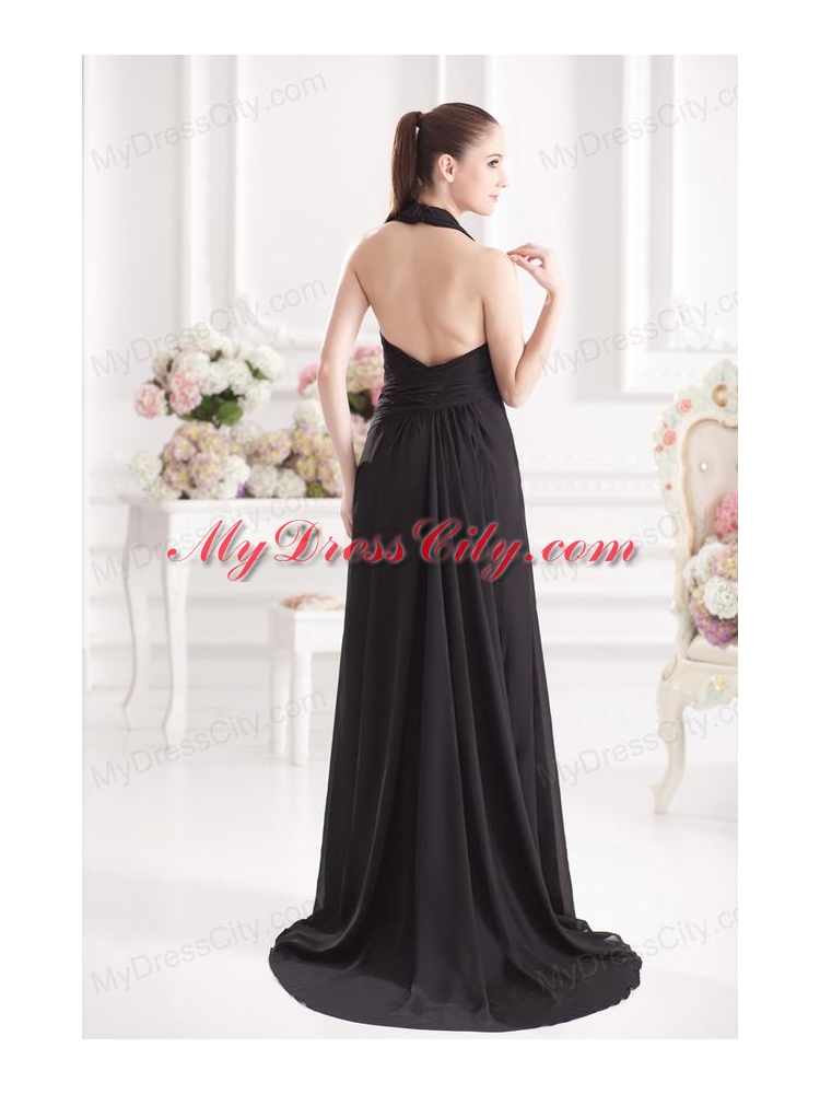 A-line Halter Top Floor-length Chiffon Black High Slit Prom Dress