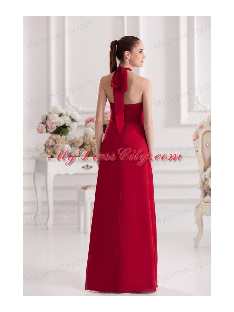 A-line Halter Top Floor-length Ruching Satin Prom Dress