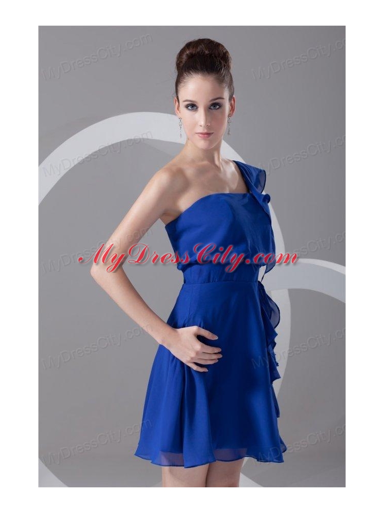 A-line One Shoulder Blue Chiffon Mini-length Ruching Prom Dress